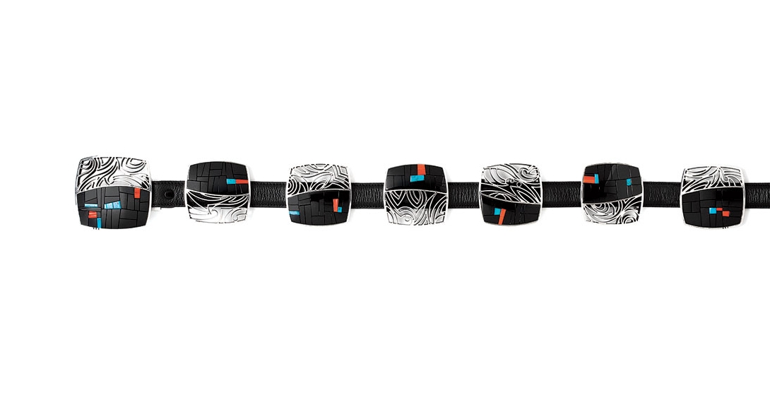 COLLABORATIVE BELT BY RICHARD CHAVEZ AND JARED CHAVEZ of black jade, coral, turquoise, and silver, 88.9 centimeters long, buckle measures 7.0 x 7.0 centimeters, 2012. Private Collection .