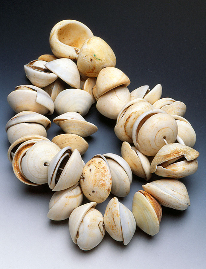 Beautiful strand of conus shell disks, strung as opposing pairs; such ornaments were probably never used like this. Courtesy of the late Rita Okrent. RKL