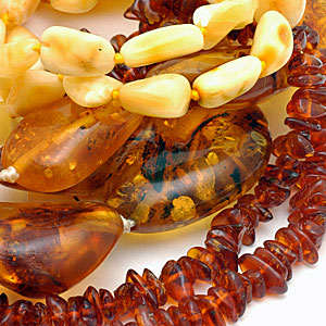 Baltic amber beads, showing the range of colors and shapes. CW