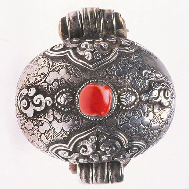 Nepalese Gao box amulet of silver and coral. RKL
