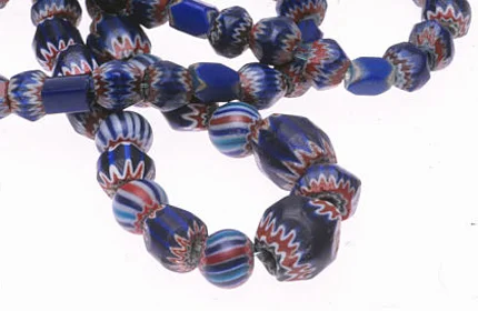 Small seven layer roughly-ground classic chevron beads from Peru mixed with striped chevrons. These beads were traded by the Spanish throughout the Americas in the 16th century. RKL