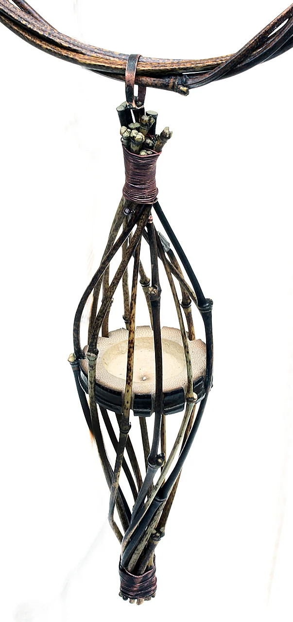 PENDANT WITH PERMANENT BAMBOO JIG, with top and bottom wire-wrapped, and culms below lower wirewrap sawed off, to shorten pendant. Forged/soldered copper loop inserted.