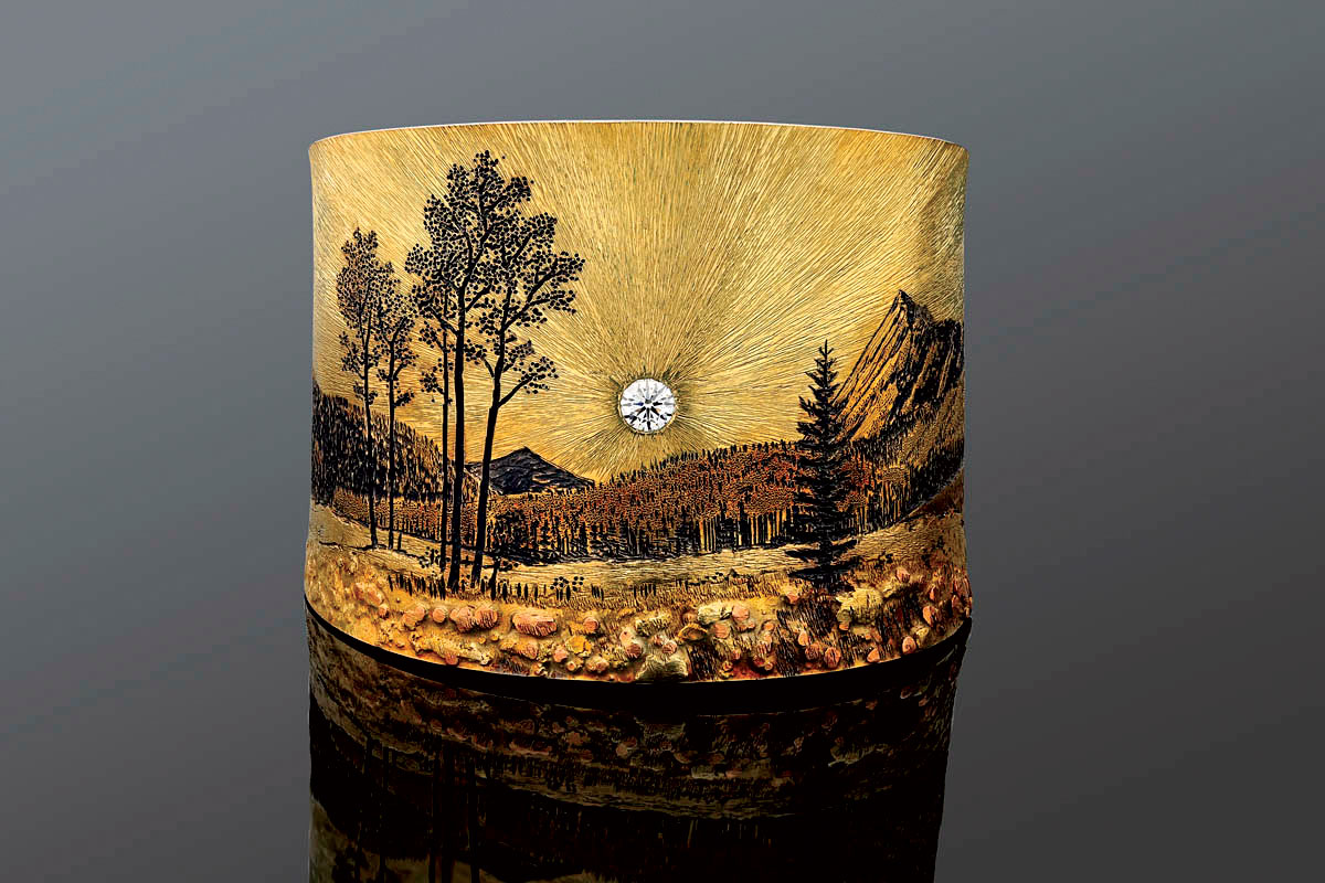 FIRST PLACE JEWELRY COLLECTION COUTURE/FINE. Wolfgang Vaatz, USA, Rocky Mountains Memories bracelet of sterling silver, eighteen karat gold, eighteen karat rose gold, fourteen karat yellow gold, fourteen karat rose gold, unrefined gold nuggets, diamonds, and platinum.