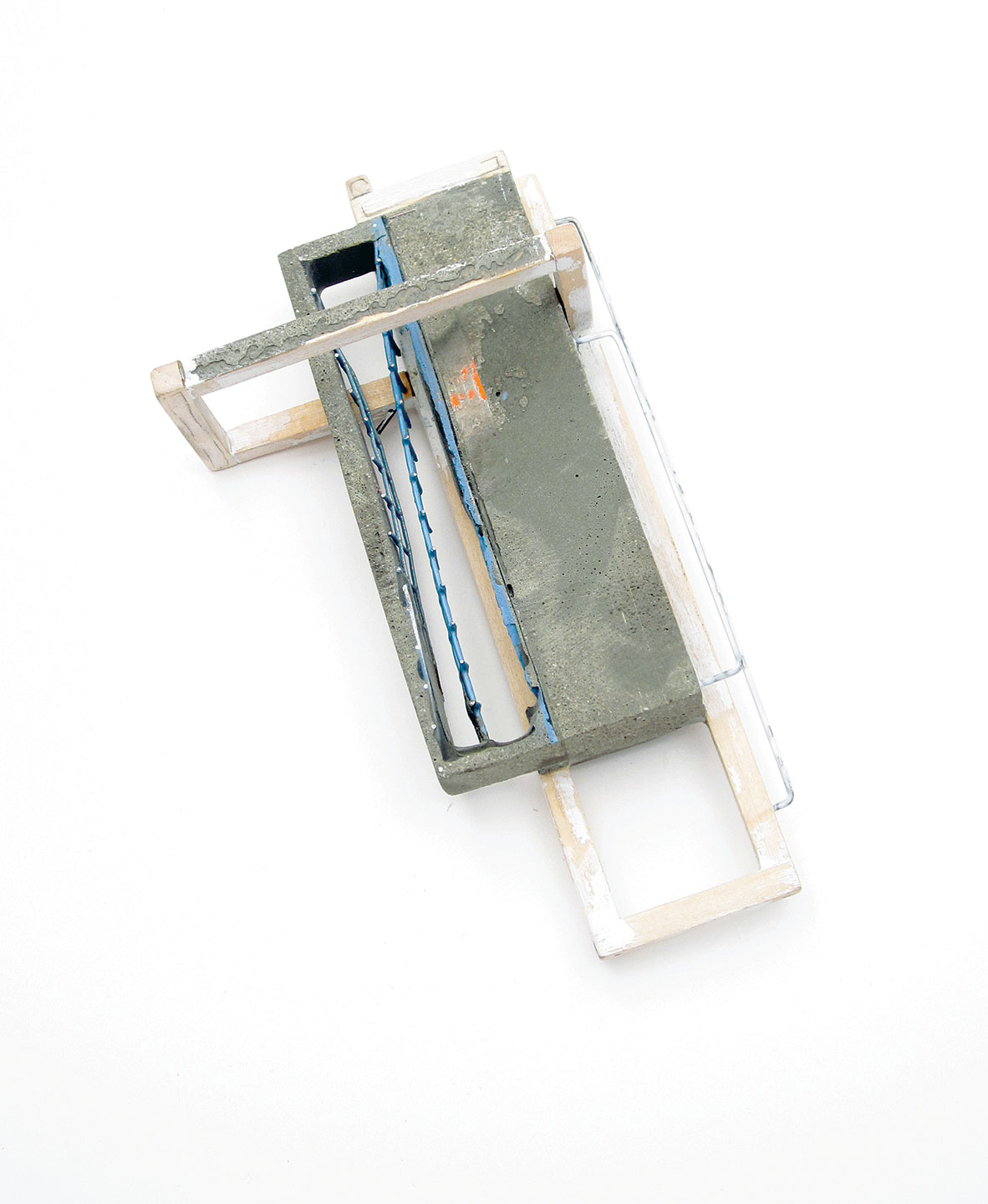 RECONSTRUCTED: FRAMED BROOCH of cement, sterling silver, resin, steel, pigment, thread, duct tape, powder coat, wood, and nickel silver, 10.2 x 7.6 x 5.1 centimeters, 2013. Photograph by Seth Papac.