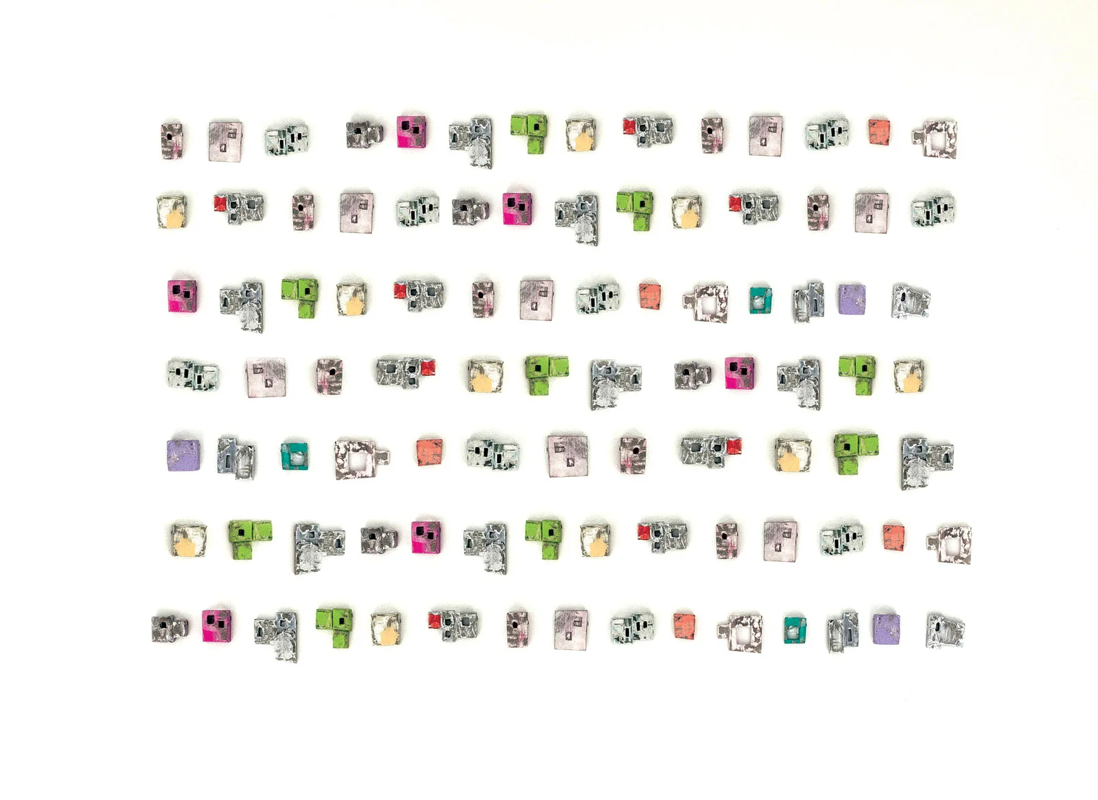 OVER THE FENCE BROOCHES of cement, brass, pigment, and resin, sizes vary, approximately 2.5 x 2.5 x 2.5 to 7.6 x 7.6 x 15.2 centimeters each, 2016-2017.