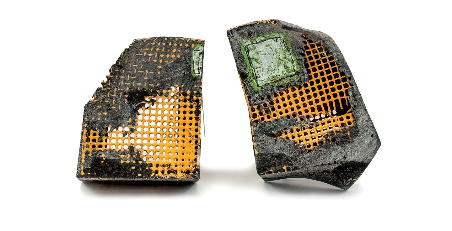 VIENTO BLOCK 1 & 2 BROOCHES of steel, powder coat, cement, paint, sterling silver, nickel silver, and resin, 8.9 x 7.6 x 5.1 centimeters (left), 10.1 x 8.9 x 5.1 centimeters (right), 2015.