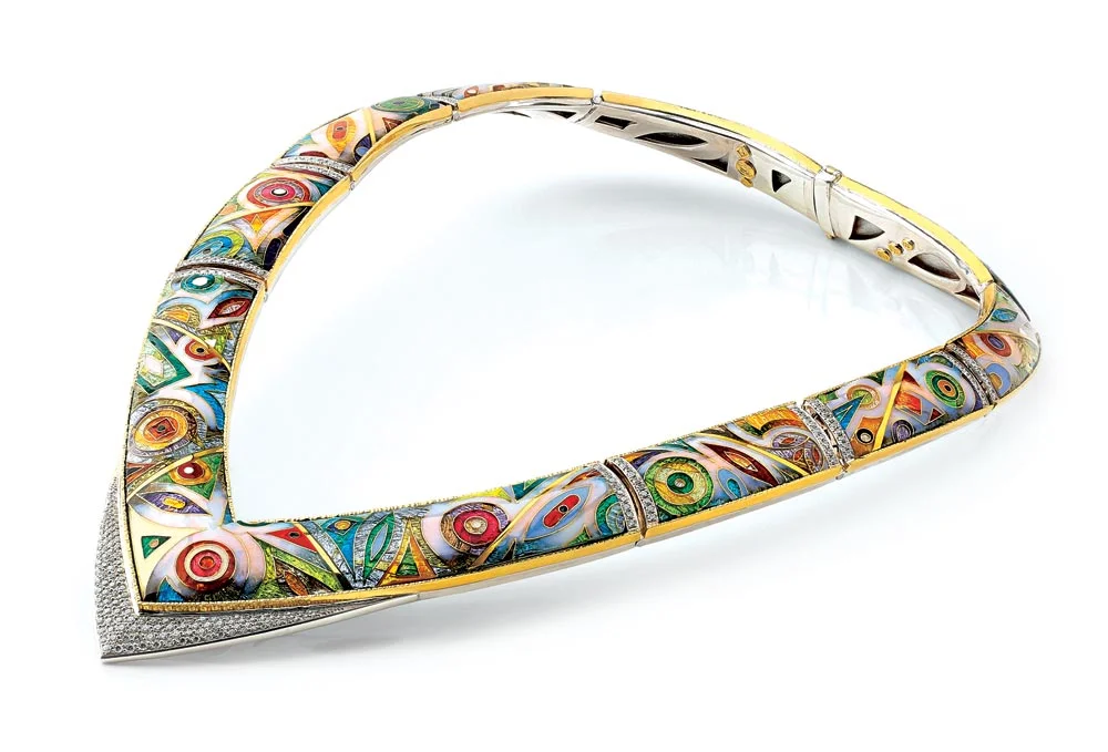 DEBBIE SHEEZEL: Lineal Alchemy neckpiece of enamel, twenty-four, twenty-two, eighteen karat yellow gold, fine and sterling silver, platinum, and diamonds. Australia. Best of Show . All photographs courtesy of Rio Grande.
