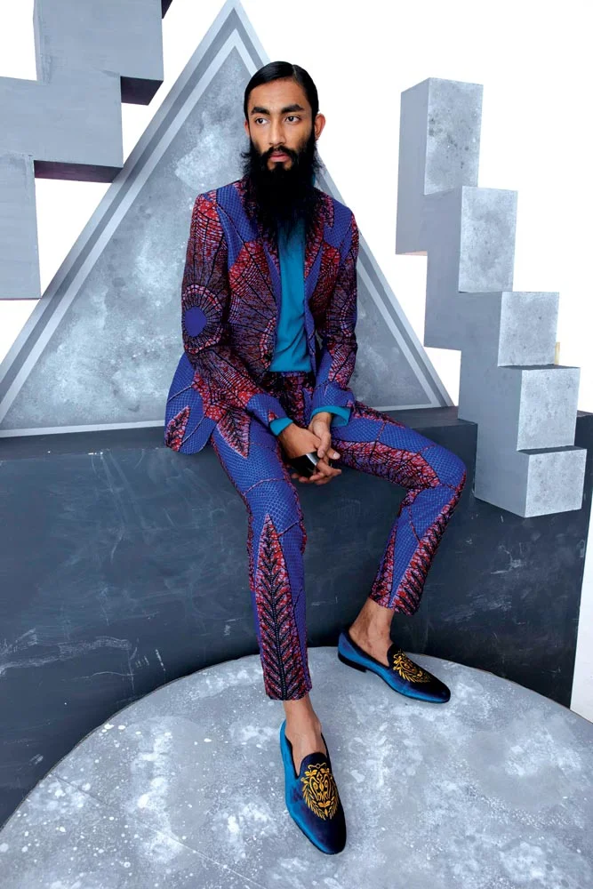 ALEXIS TEMOMANIN, DESIGNER FOR DENT DE MAN. LES TOILES D’ARAIGNÉE: MAN’S SUIT in wax print by Vlisco, the Netherlands, 2016. Courtesy of Dent de Man, London, UK. Photograph by Marc Hibbert.