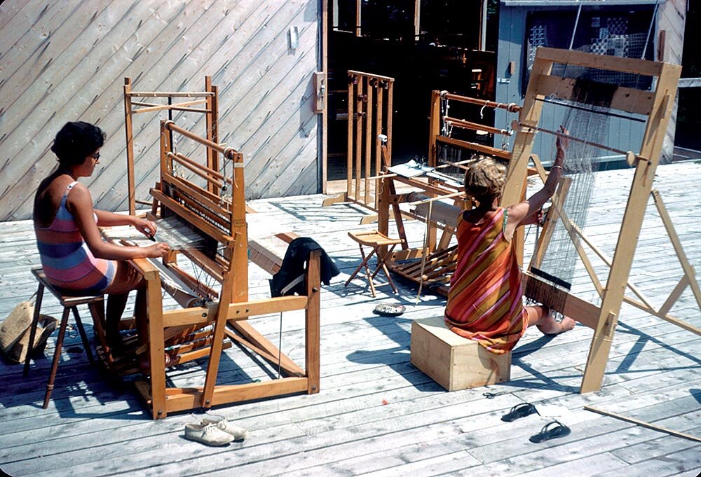 Haystack Students Barbara Wallace And Nancy Bohlin on the Weaving Deck, 1961.