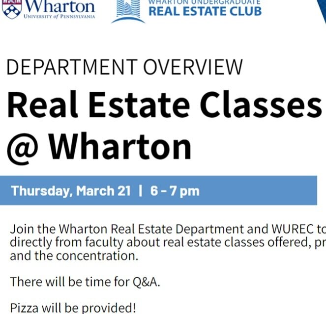 Please join us for tomorrow&lsquo;s special meeting from 6-7pm! Pizzas are provided 🍕!

Link to sign up: https://groups.wharton.upenn.edu/WUREC/rsvp_boot?id=117922