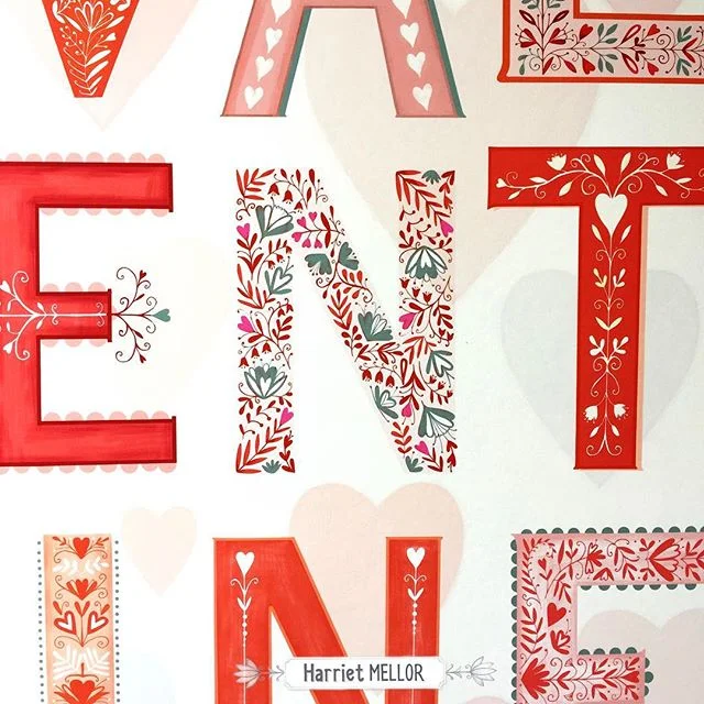 I’m printing out lots of A3 presentation sheets in preparation for @blueprintshows show 2, as I don’t actually print things myself much it’s really fun to see it all ( and tiny mistakes that need correcting 😬). I loved doing the lettering for this Valentine design - makes me want to do more! It’s less than 3 weeks to go now and the pressure is on... #blueprintshow #artlicensing #illustration #surfacepattern #typography #handlettering #valentines #handdrawntype #createeveryday #sketchbook #harrietmellor