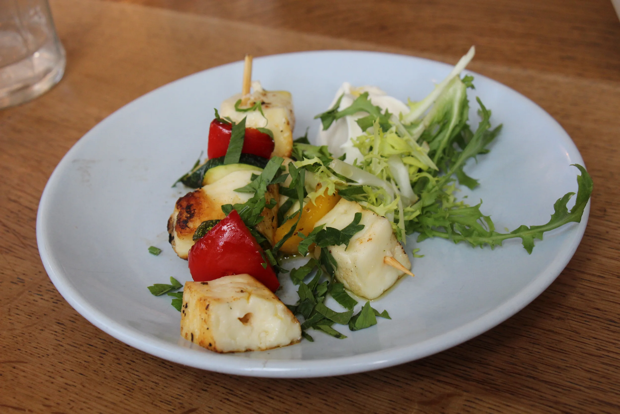 Halloumi Skewers - grilled cheese and charred red peppers 