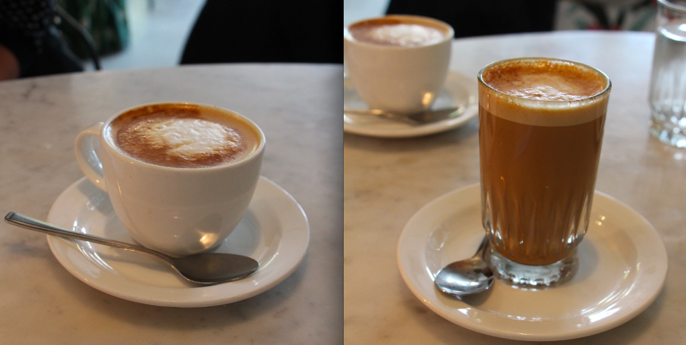 Left: cappuccino; Right: flat white 