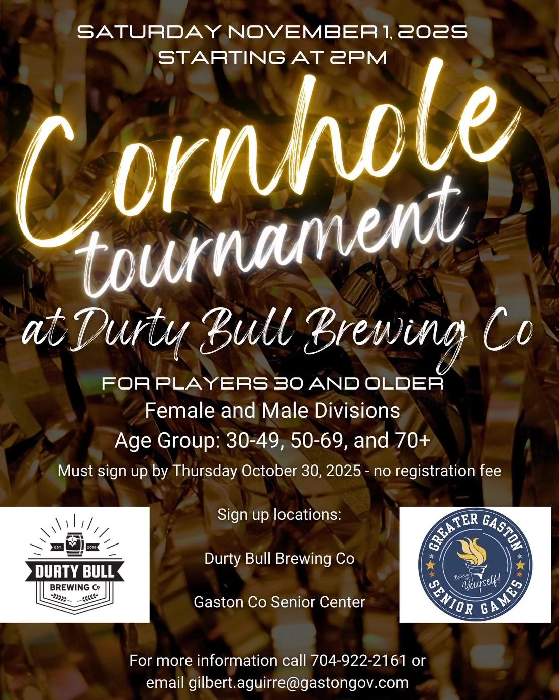 Think you&rsquo;ve got the best toss in town? Come on down to Durty Bull Brewery to sign up for our Cornhole Tournament!
All the details are listed on the flyer above &mdash; don&rsquo;t miss out on the fun, cold drinks, and friendly competition.
Com
