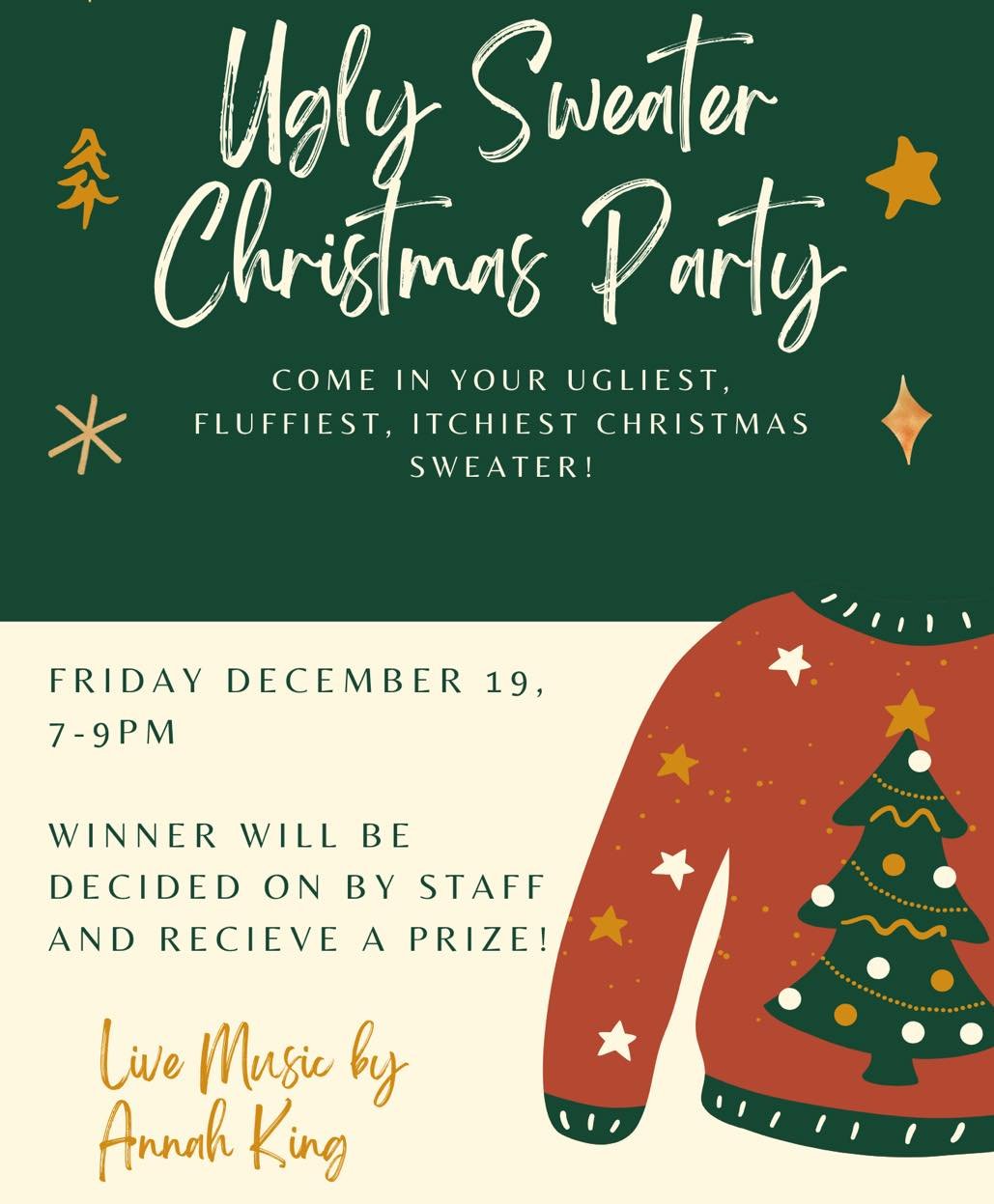 🎄 Ugly Christmas Sweater Party! 🎄
Join us at the taproom on December 19 at 7 PM for a night of fun, music, and holiday cheer! Wear your ugliest sweater&mdash;our winner will take home a prize! 🎁
Enjoy live music from Anna King and celebrate the se