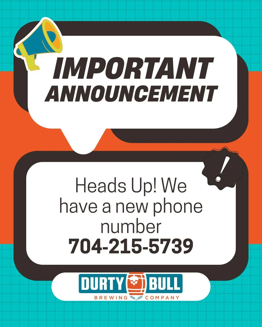 Heads up, friends: our taproom has a new phone number &ndash; 704‑215‑5739. Please update your contacts and give us a call there for to‑go orders, questions, or anything you need.
