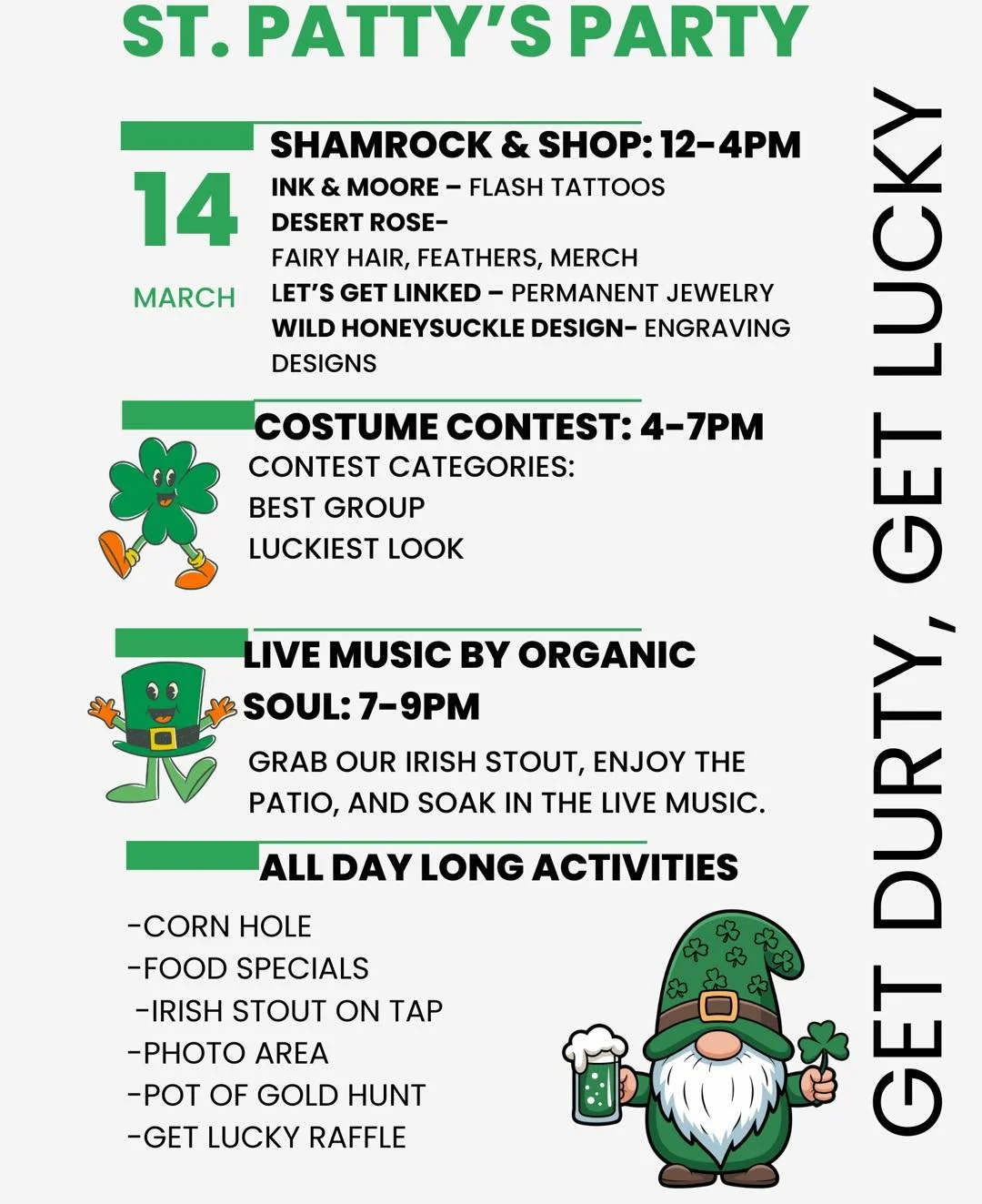 Don&rsquo;t forget to join us all day Saturday for our St. Patrick&rsquo;s Day celebration! 🍀 We have tons of fun planned throughout the day, and you won&rsquo;t want to miss it. Tag your friends and come celebrate with us this weekend! 🍻🎉