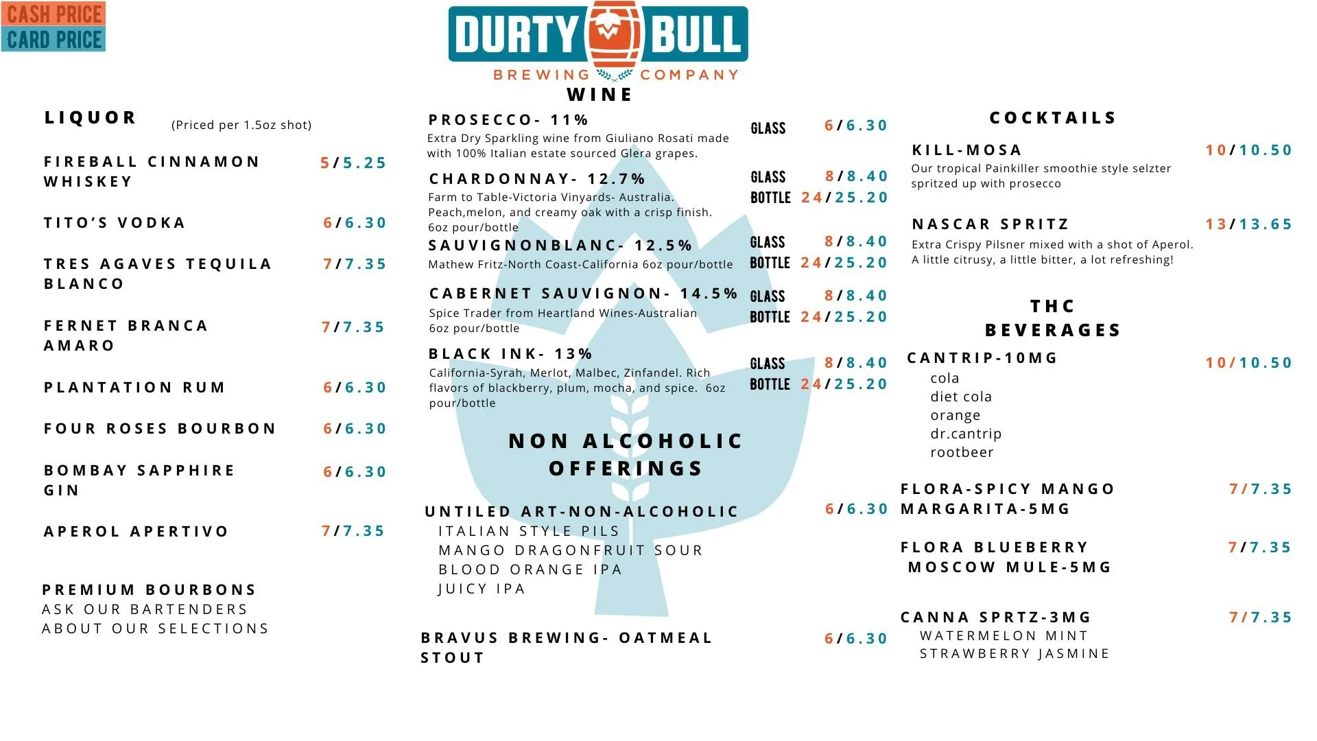 Durty Bull Brewing Company Gastonia liquor and wine menu cocktails thc beverage premium bourbon titos vodka