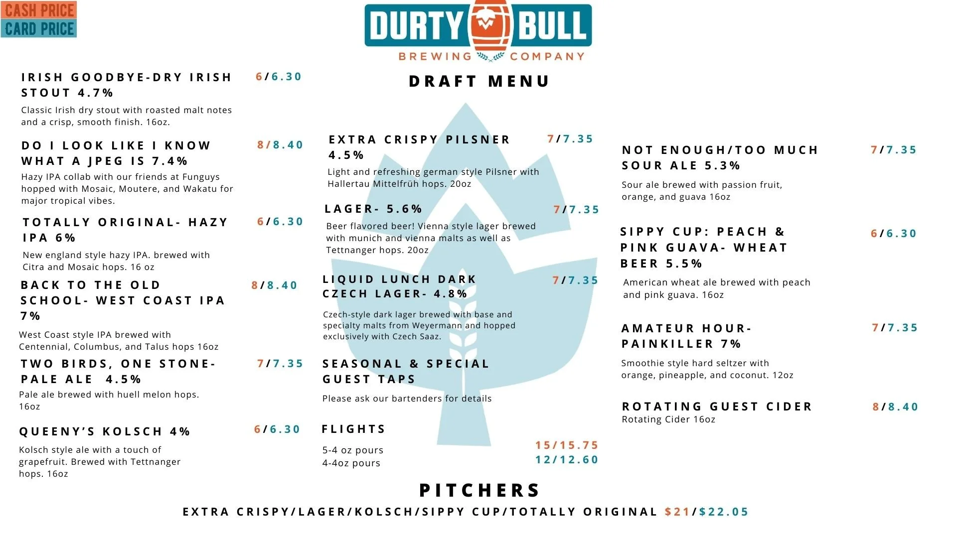 Durty Bull Brewing Gastonia draft menu beer