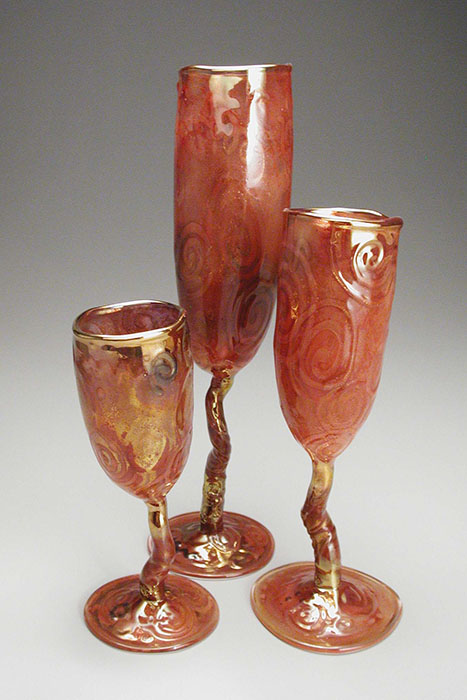 Red Wabi Goblet Trio; tallest: 11.5” high x 3.25” diameter