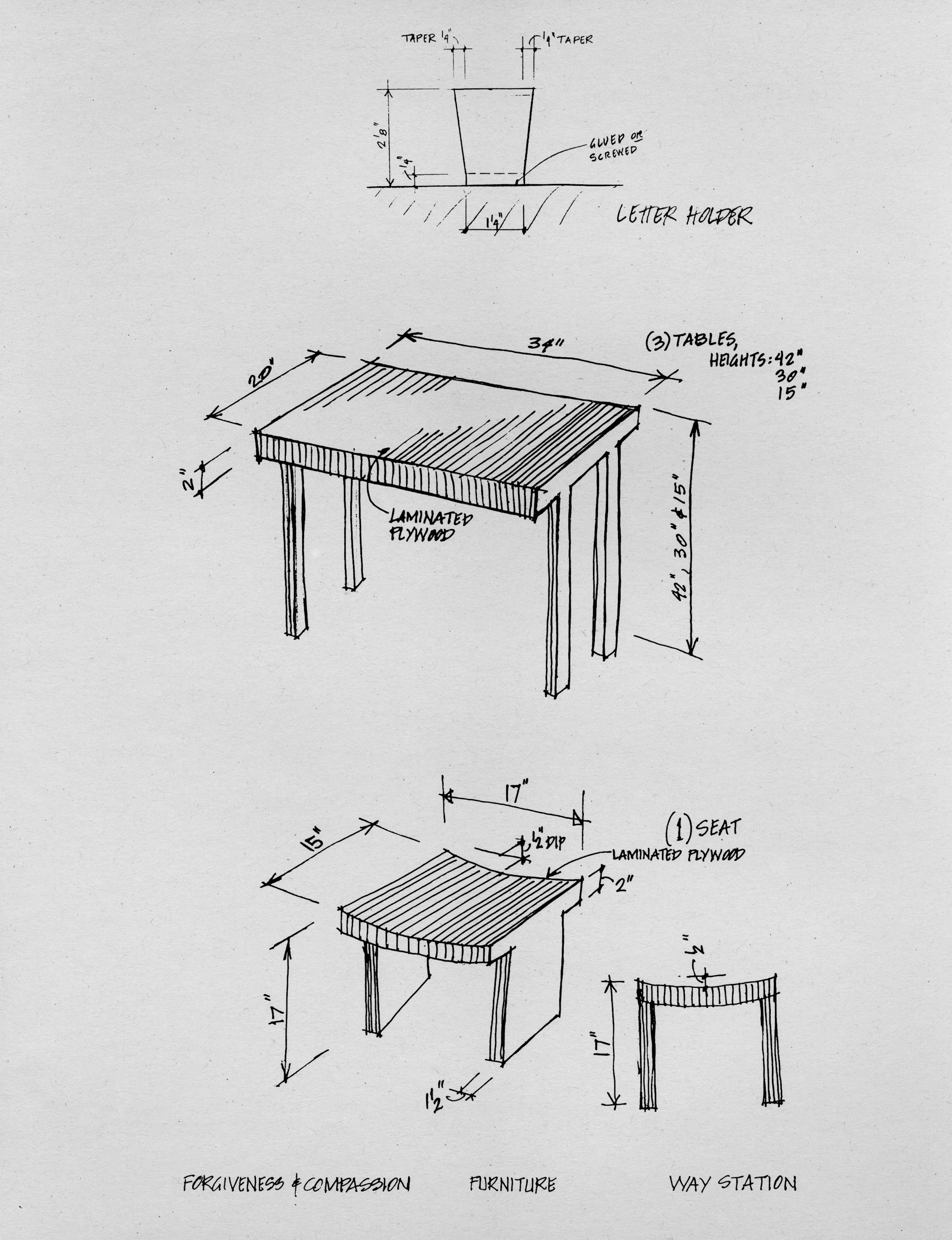 Table, Stool and Letter Holder Sketches