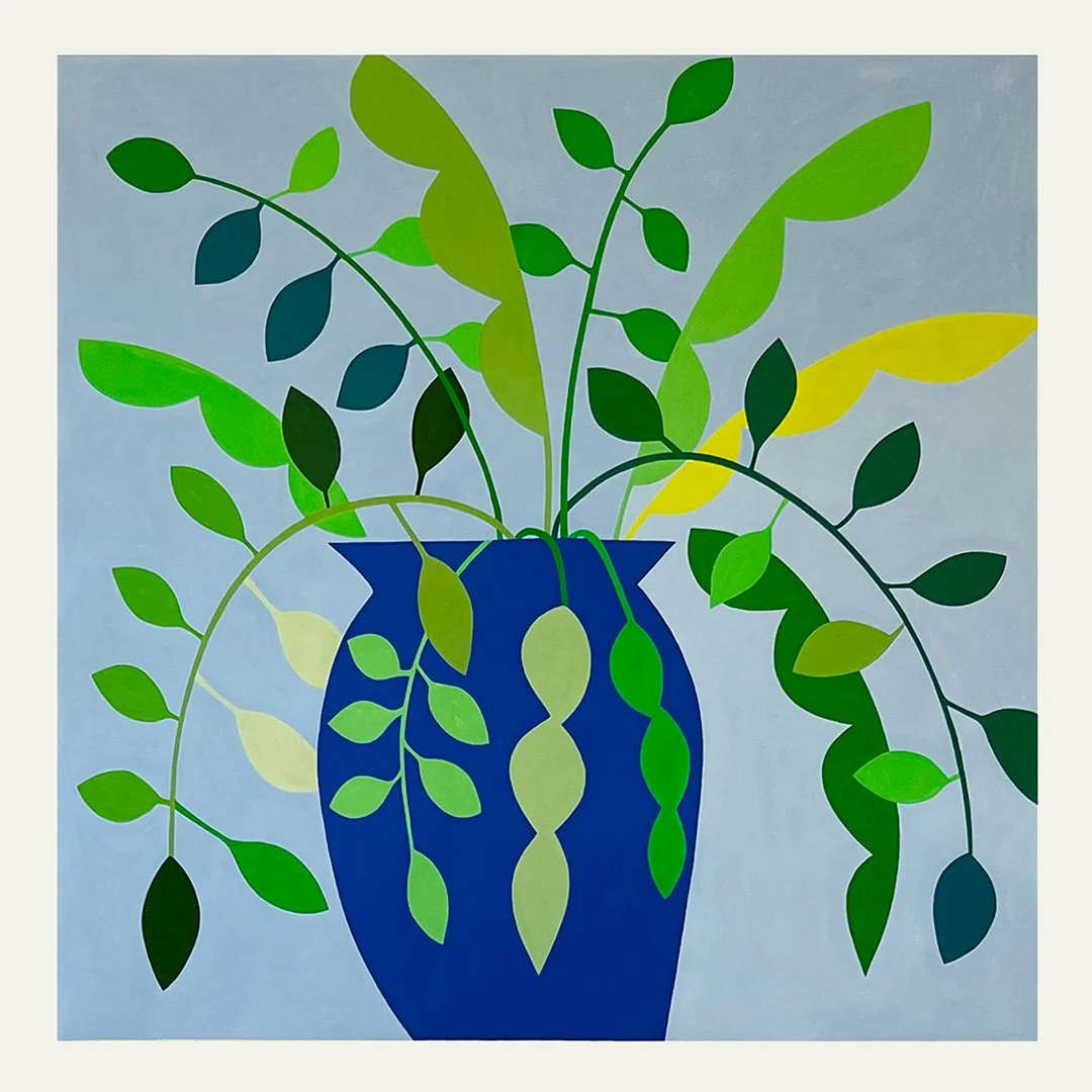  Cobalt Blue Vase and Leaves 2023     Gouache on Paper 59” x 59½” Framed  