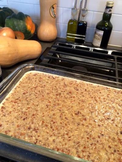 Before: the pecan filling poured on top of the baked crust