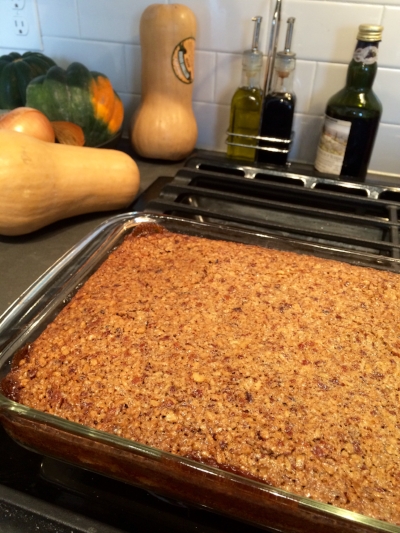 After: golden brown pecan pie bars, post-baking. Just needs to cool, then serve!