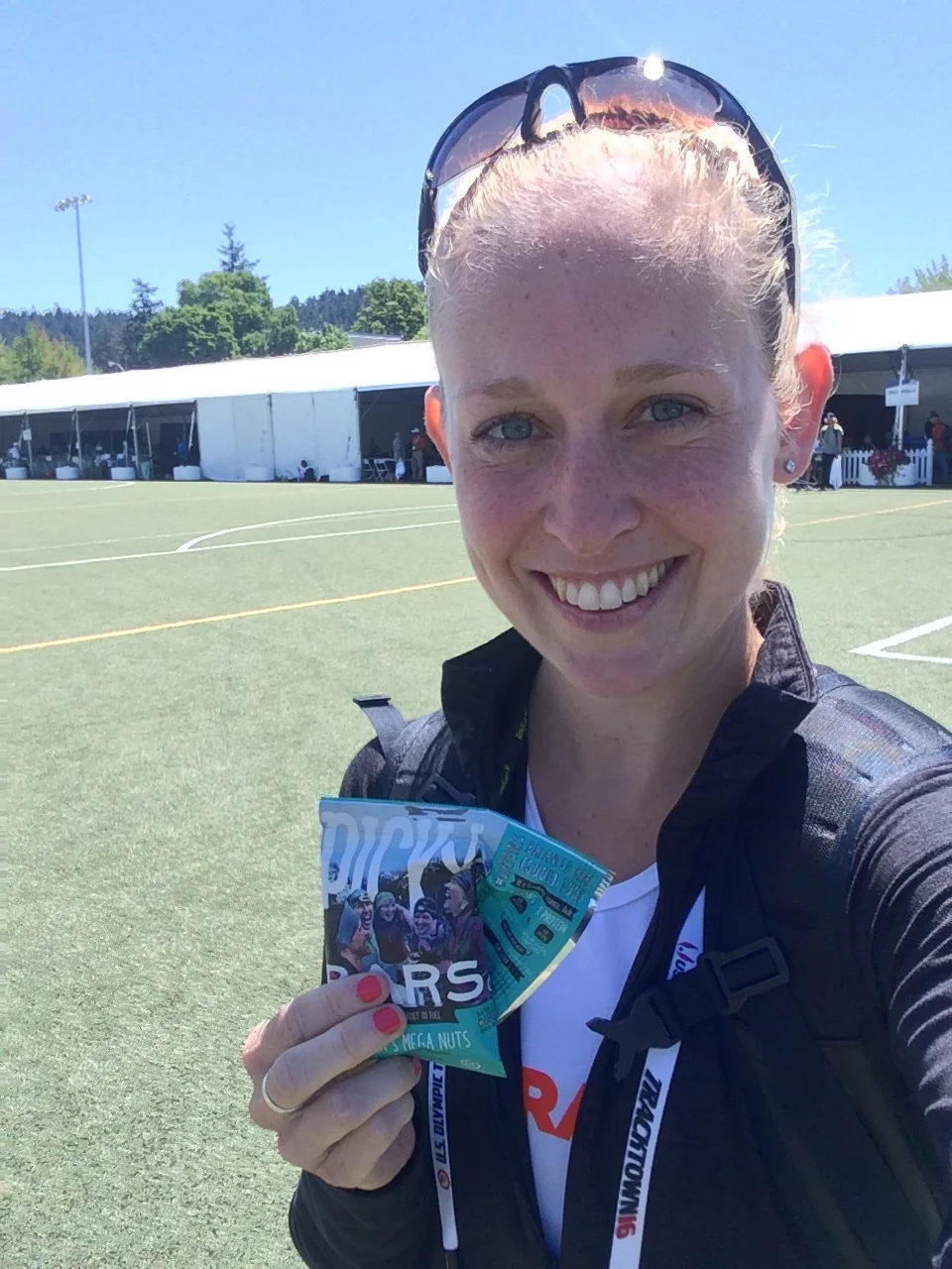 Post-race at the Olympic Trials, refueling with my favorite flavor of Picky Bars!