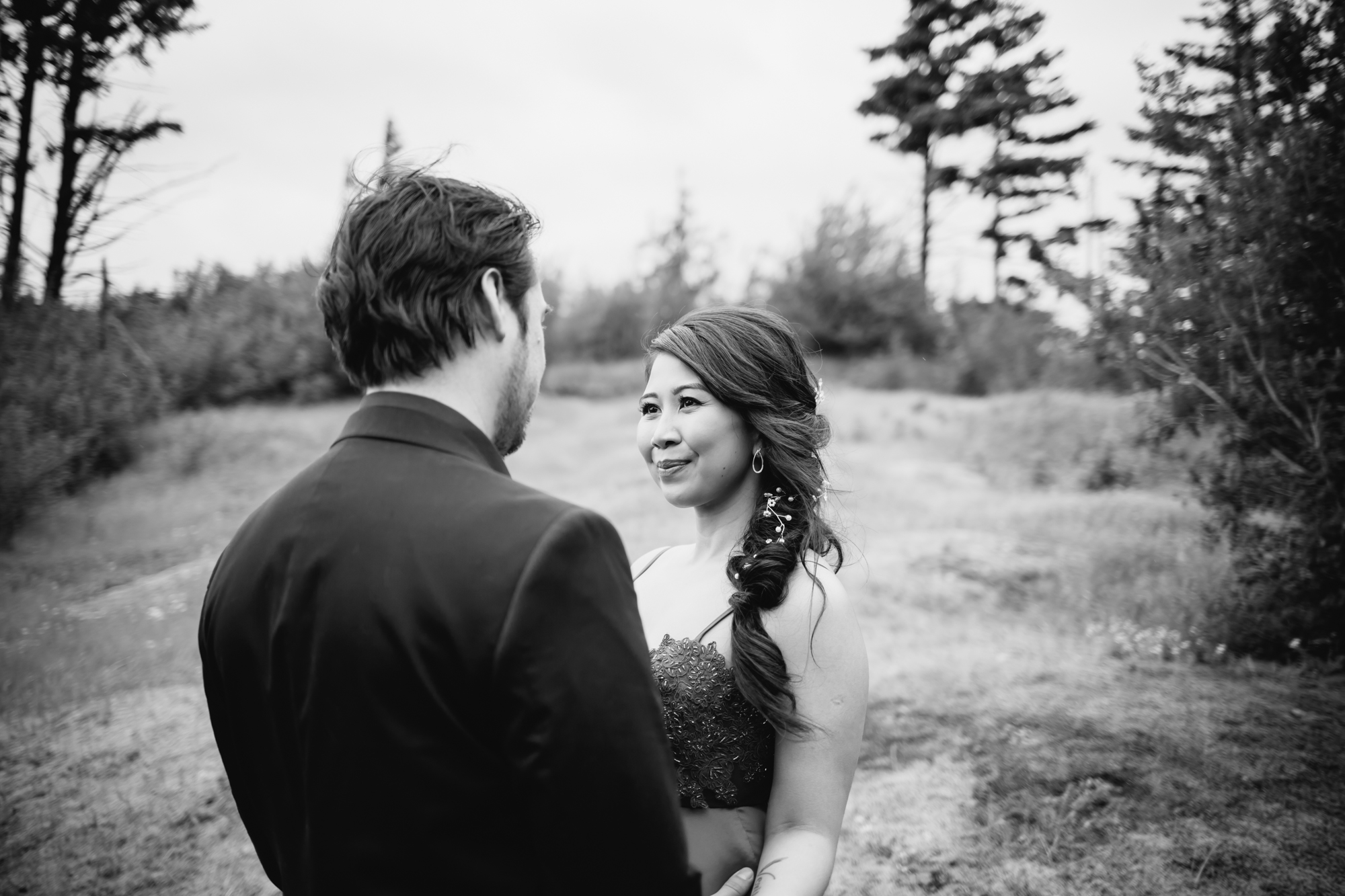 Black and white photo of newlyweds