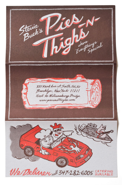 I love the illustrations and colour selection of the Pies N' Thighs menu in Brooklyn...As well as the final touch of using a “great sloppy offset printer to give it that authentic feel.”