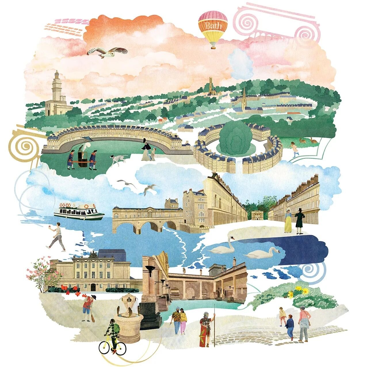 Illustration for Bath World Heritage Centre💚💜💙.
---
I created this image for the Centre's retail products,&nbsp;depicting beautiful&nbsp;cityscape with the best&nbsp;places to visit in Bath. Tea towels, postcards, tote bags, mug cups etc with my i