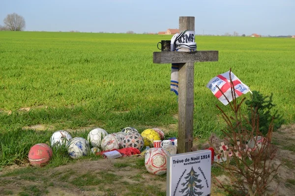 Memorial at the site of the Christmas Truce football match at Ypres.