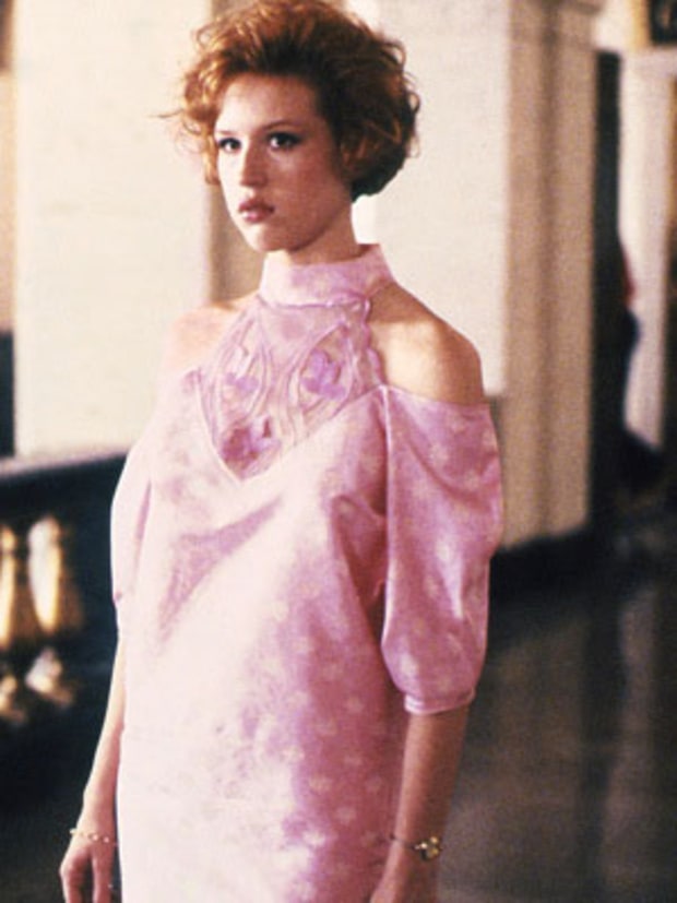 Her refurbished dress in Pretty in Pink for prom. Side note: Cold shoulder trend is very big again. 