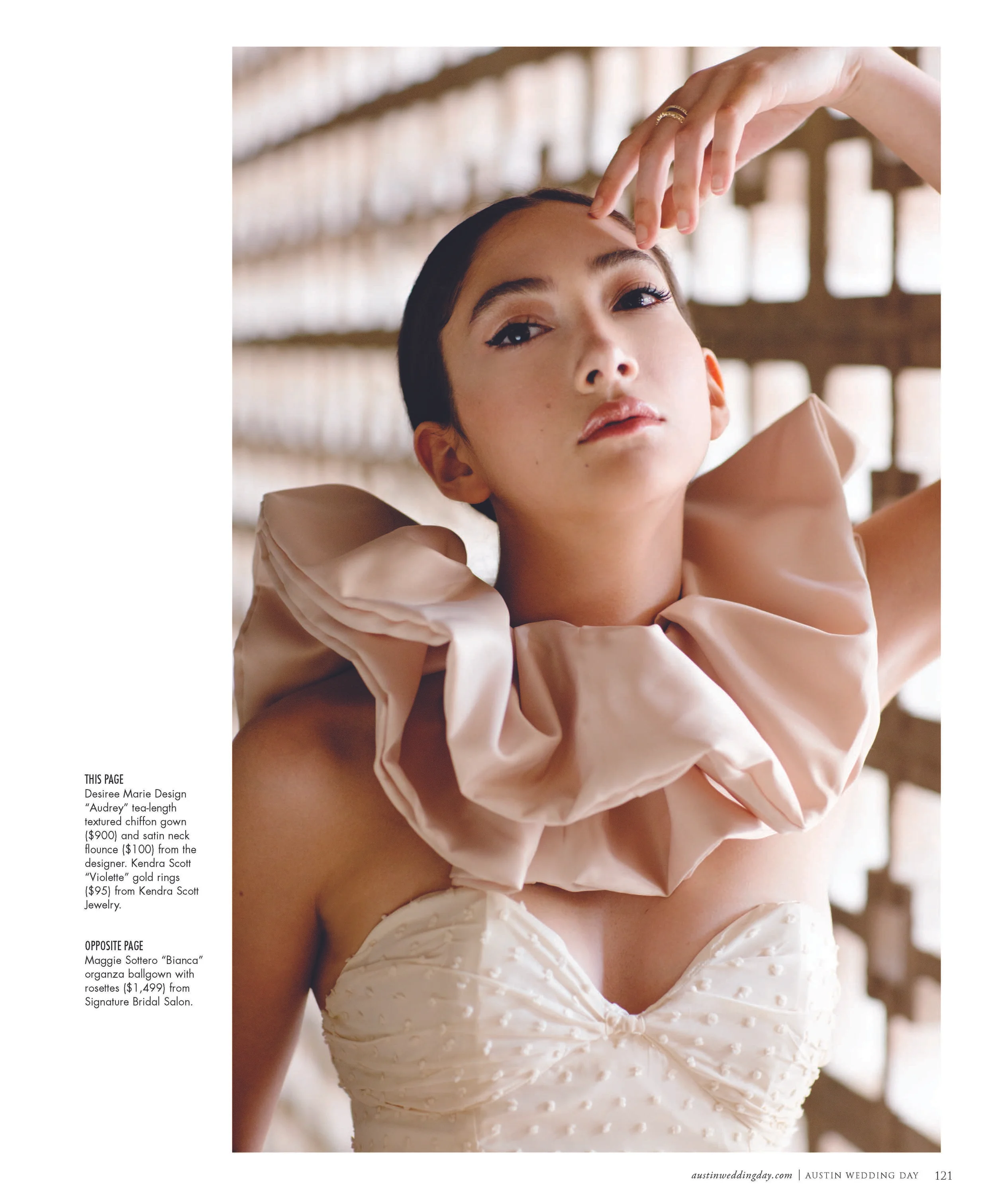 'Audrey' Wedding Dress & custom neck flounce in Austin Wedding Day Magazine "Cutting Edge" Jan-March 2018 pg 121