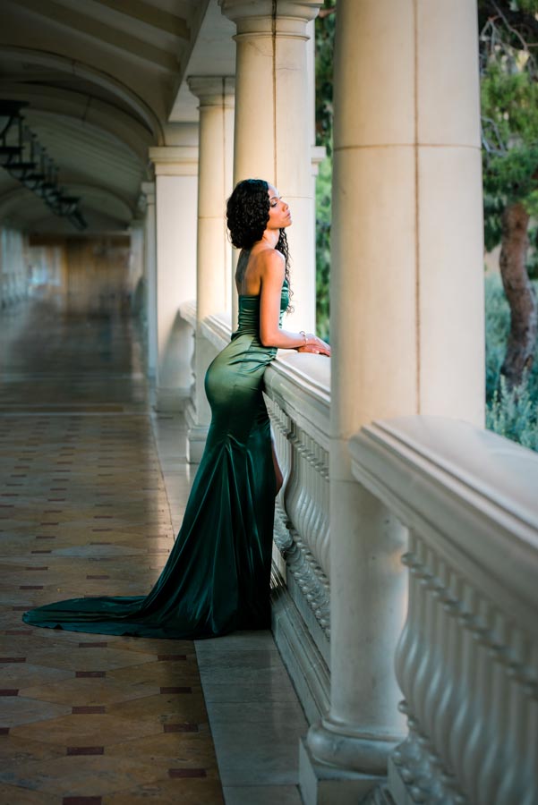 long green dress with tail by classic colonnade