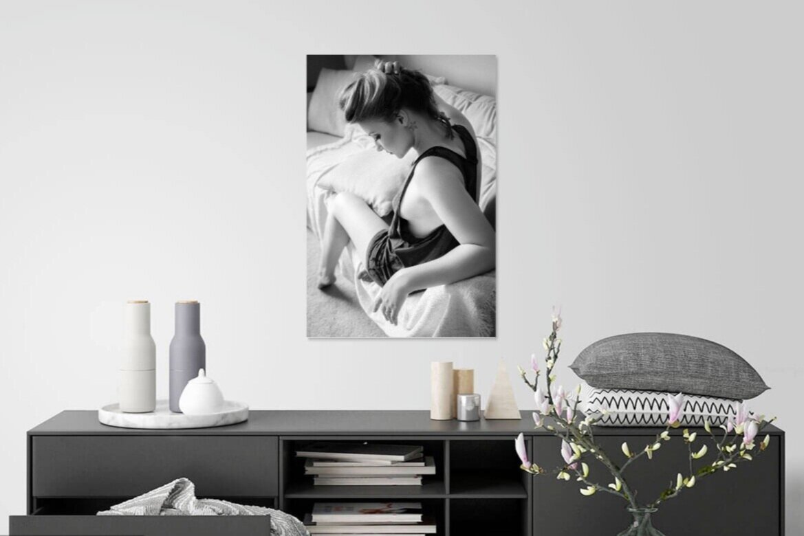 canvas of girl holding hair in black and white 16 x 24 dimensions