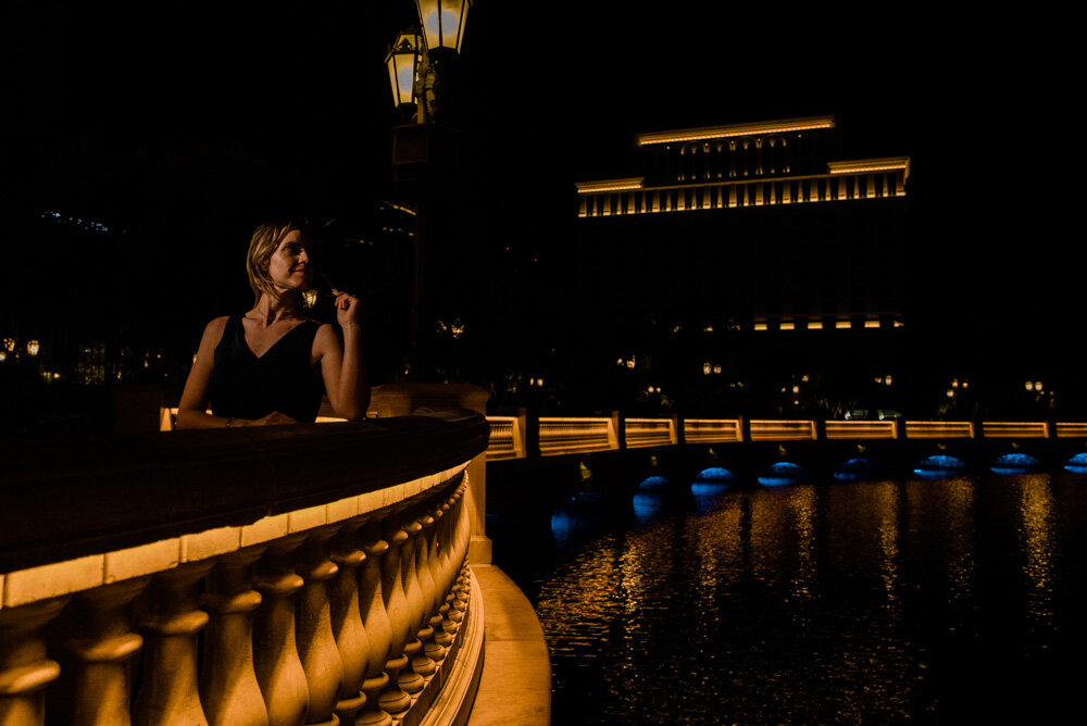 Woman looks empty Bellagio Fountain 