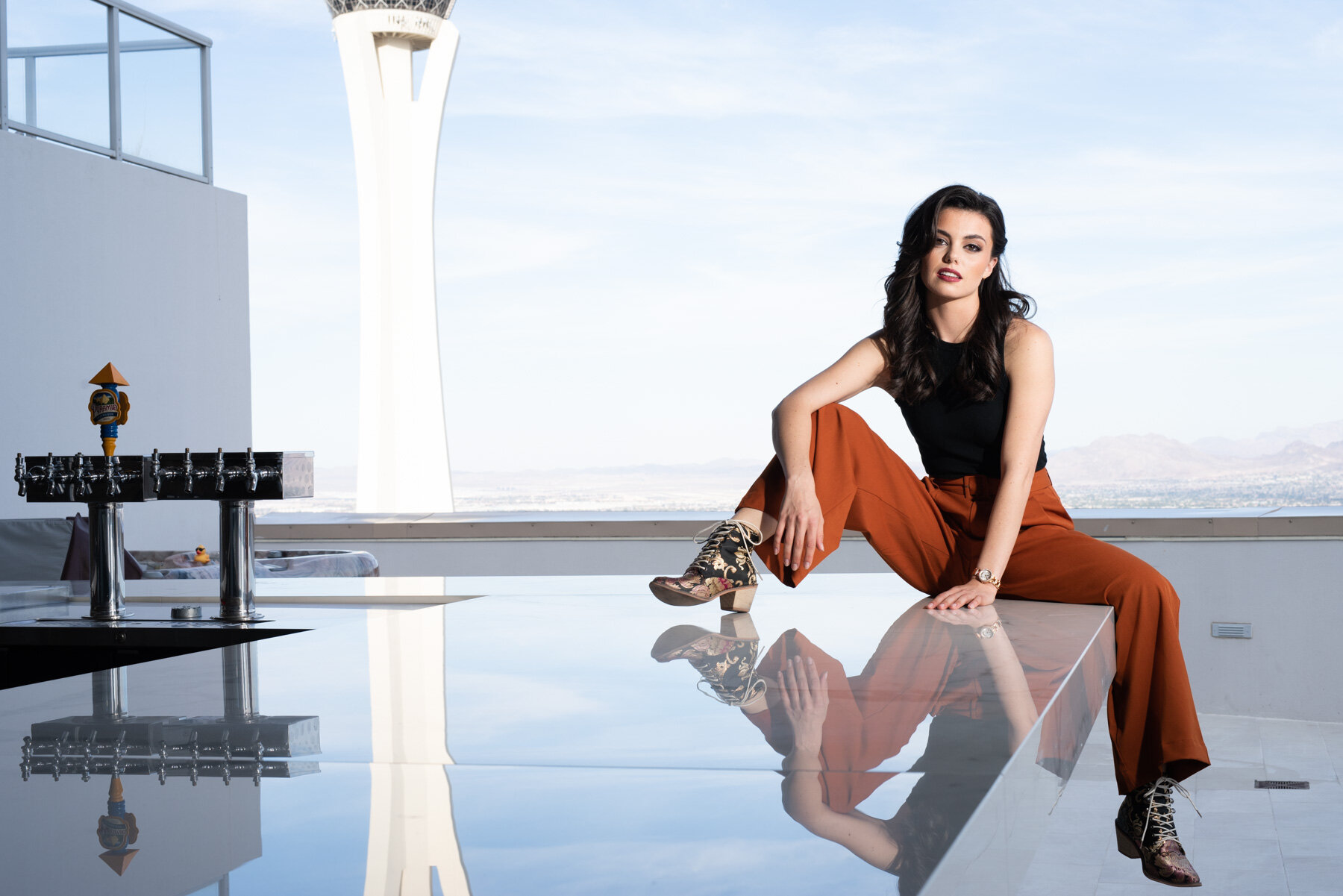 Monica Lynne in front of the Stratosphere with glamorous look