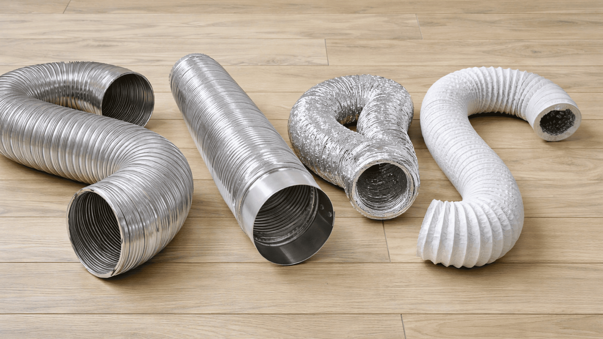 Four-flexible-air-ducts-in-metal-and-white-plastic-corrugated-and-coiled-displayed-side-by-side-on-a-light-wooden-floor.png
