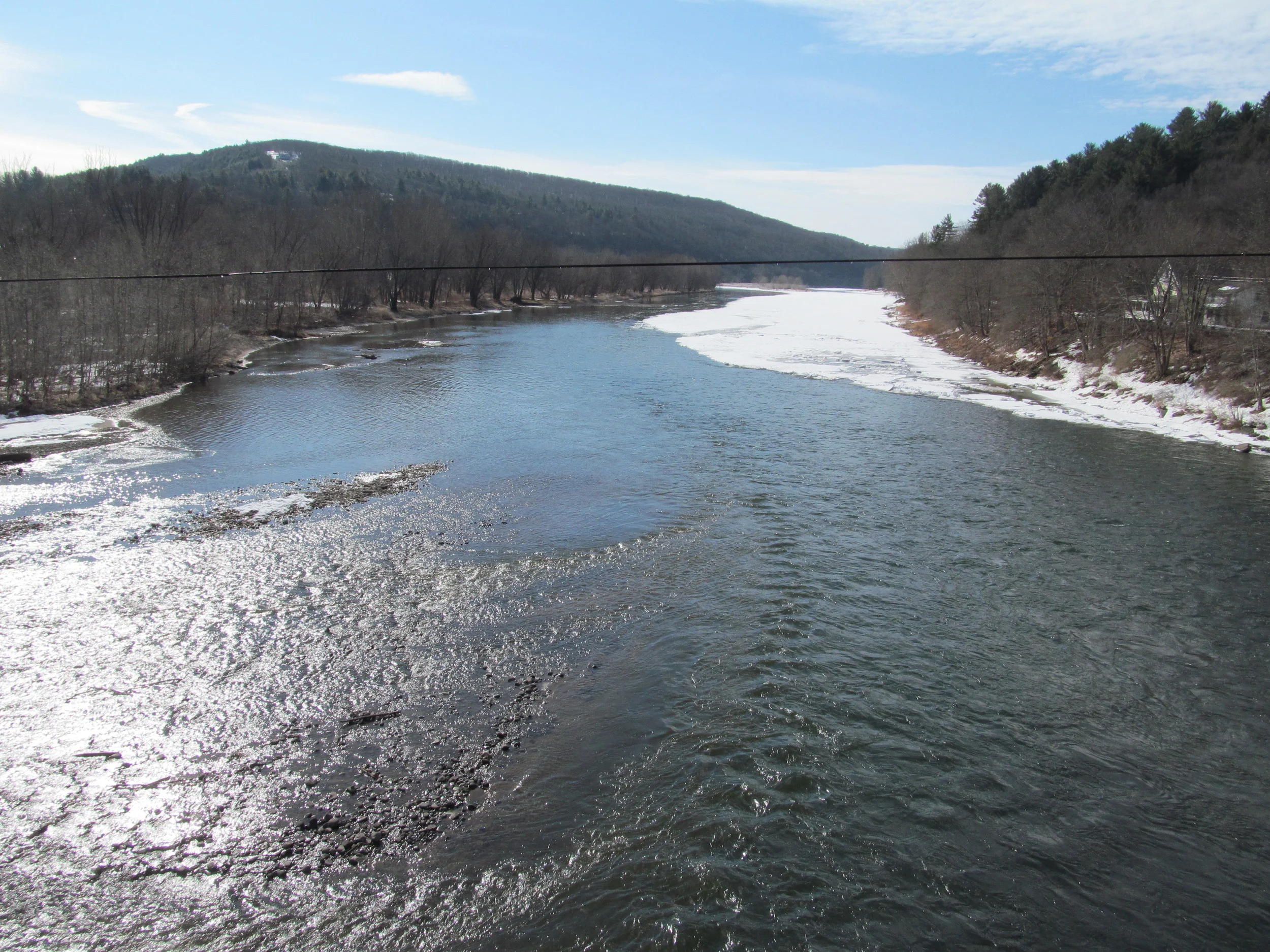 Delaware River, Callicoon, NY looking down river just below the Callicoon creek confluence. As you can see, the ice rebuilds just down river. 4/1/15