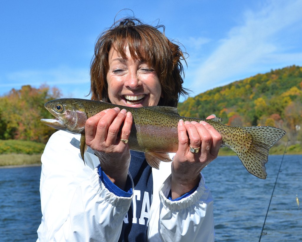10/10/15Sue L. joins the fun with her first Delaware River Rainbow trout!