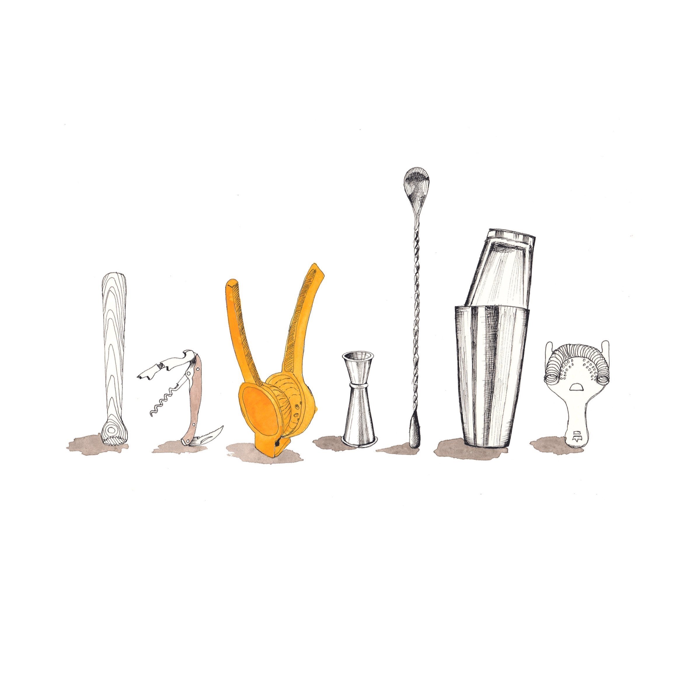 original watercolor and pen illustration, essential tools for cocktails, bar cart art, kitchen decor, housewarming gifts, mixology tools and gifts, Death&Co, NYC art prints.