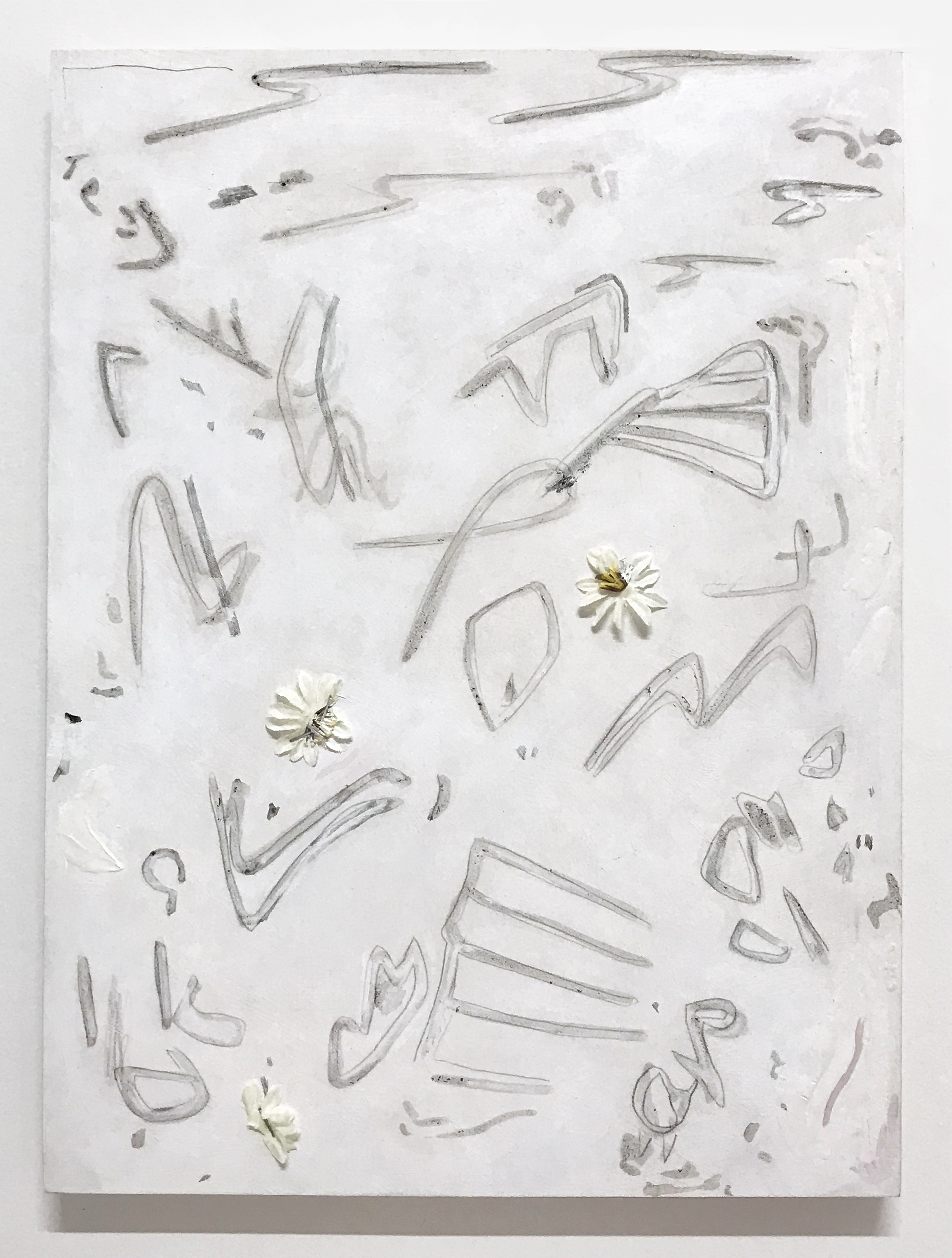 Daisy chain, 2019 Clay, graphite, ink, acrylic, stapled flowers on panel. 12x16”