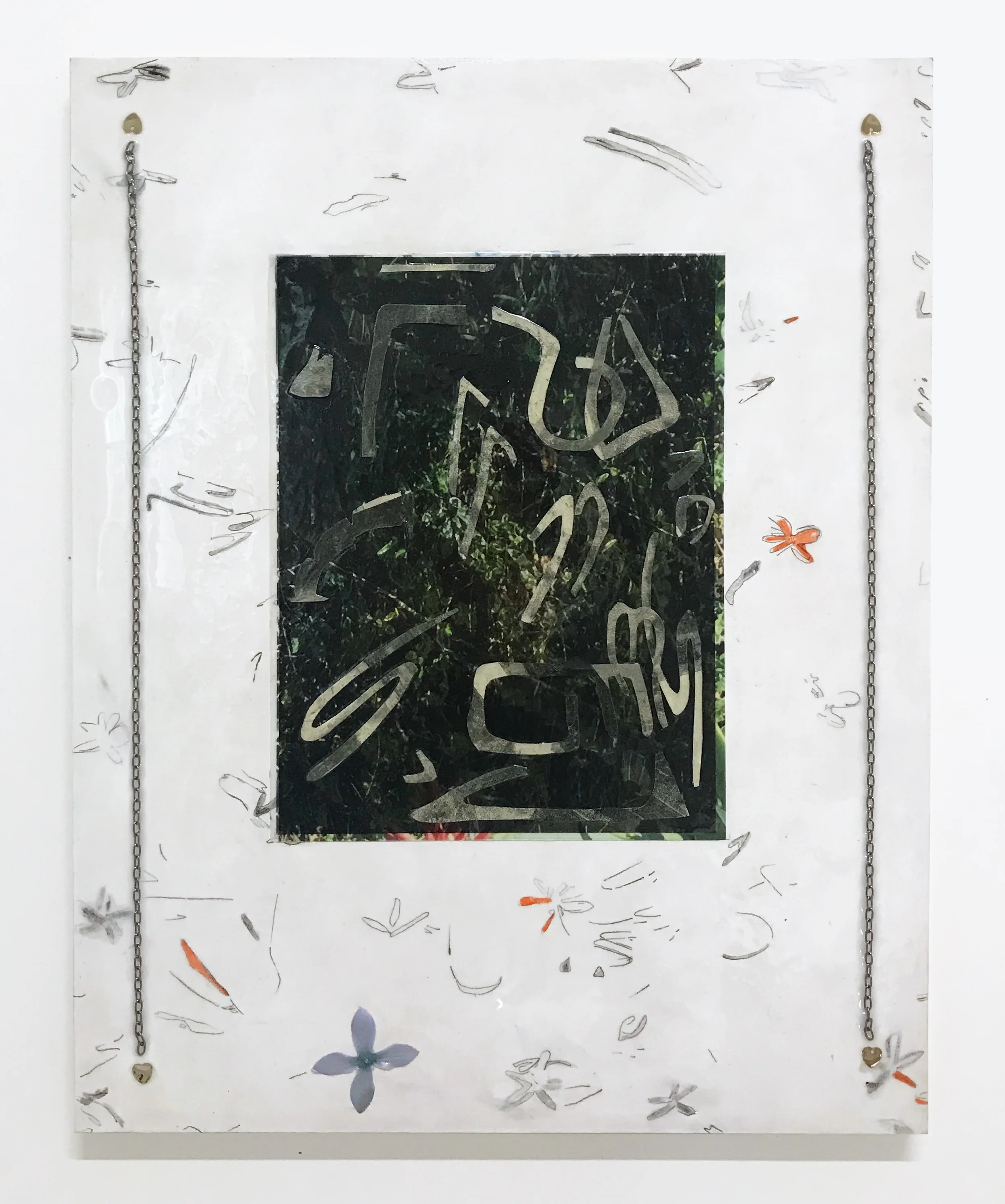 2019 Xerox collage, resin, graphite, watercolor, silk flower, chains, and sequins on panel. 16x20”