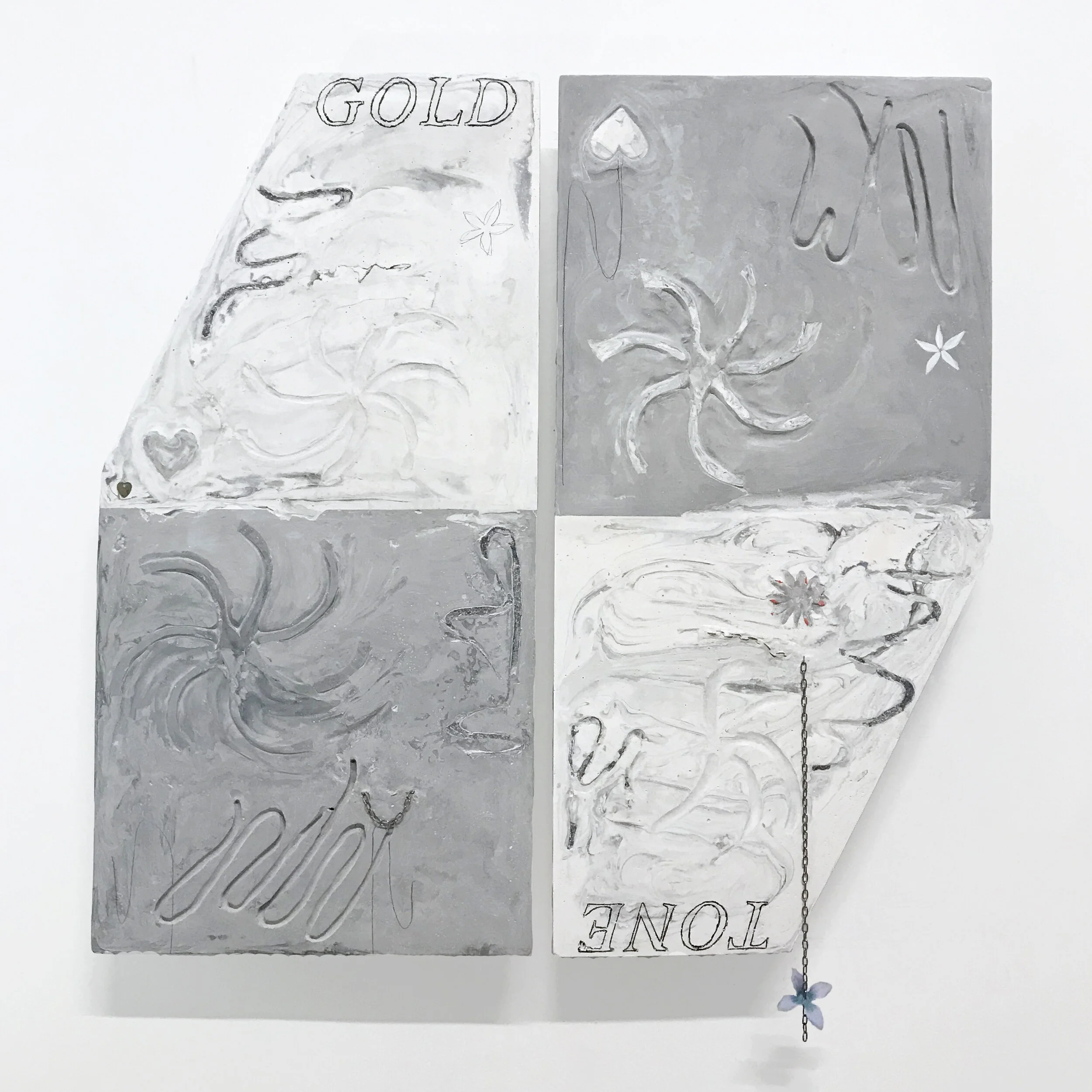 Gold Tone, 2019 Cast hydrocal, metal chain, fabric flowers, graphite, crayon transfer. 24x24.5 inches