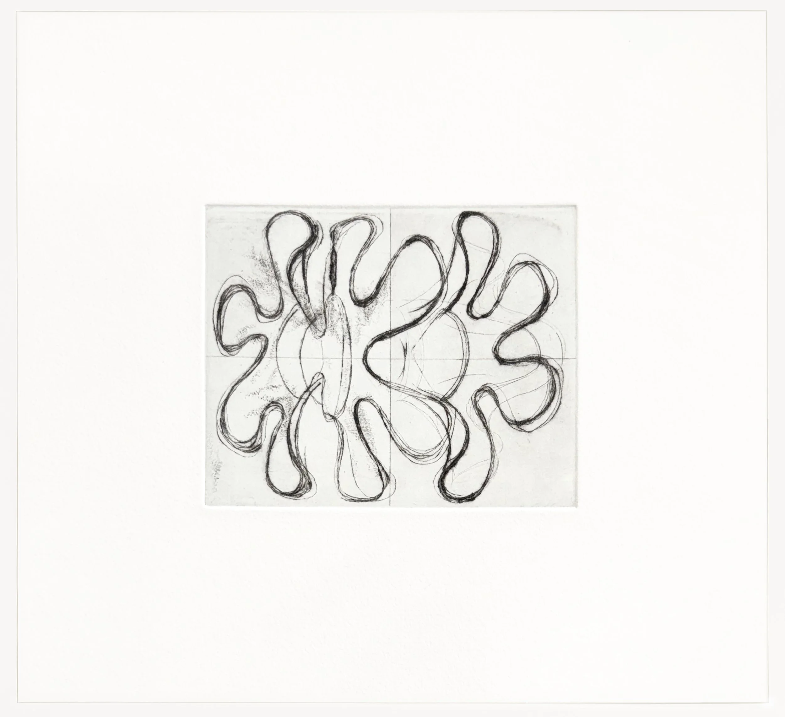 Untitled (Hell’s Bells), 2024 Drypoint with monoprint color addition on Arches Johannot Image: 4x5 inches; paper: 9.25x10 inches Unique print