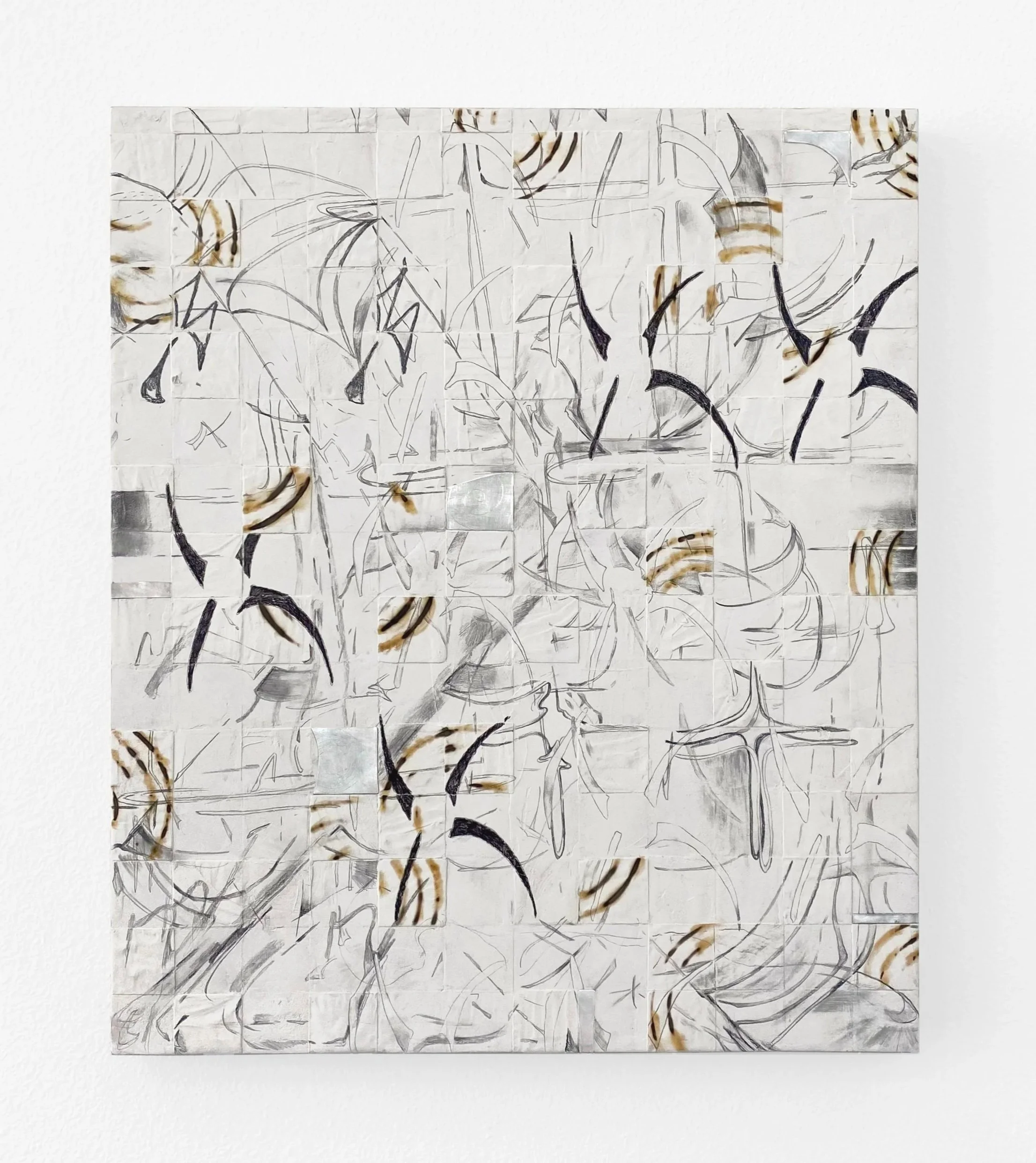 Glass limb, 2022 Clay, etched aluminum, Xerox print transfer, burn marks, and graphite on panel. 28×24 inches