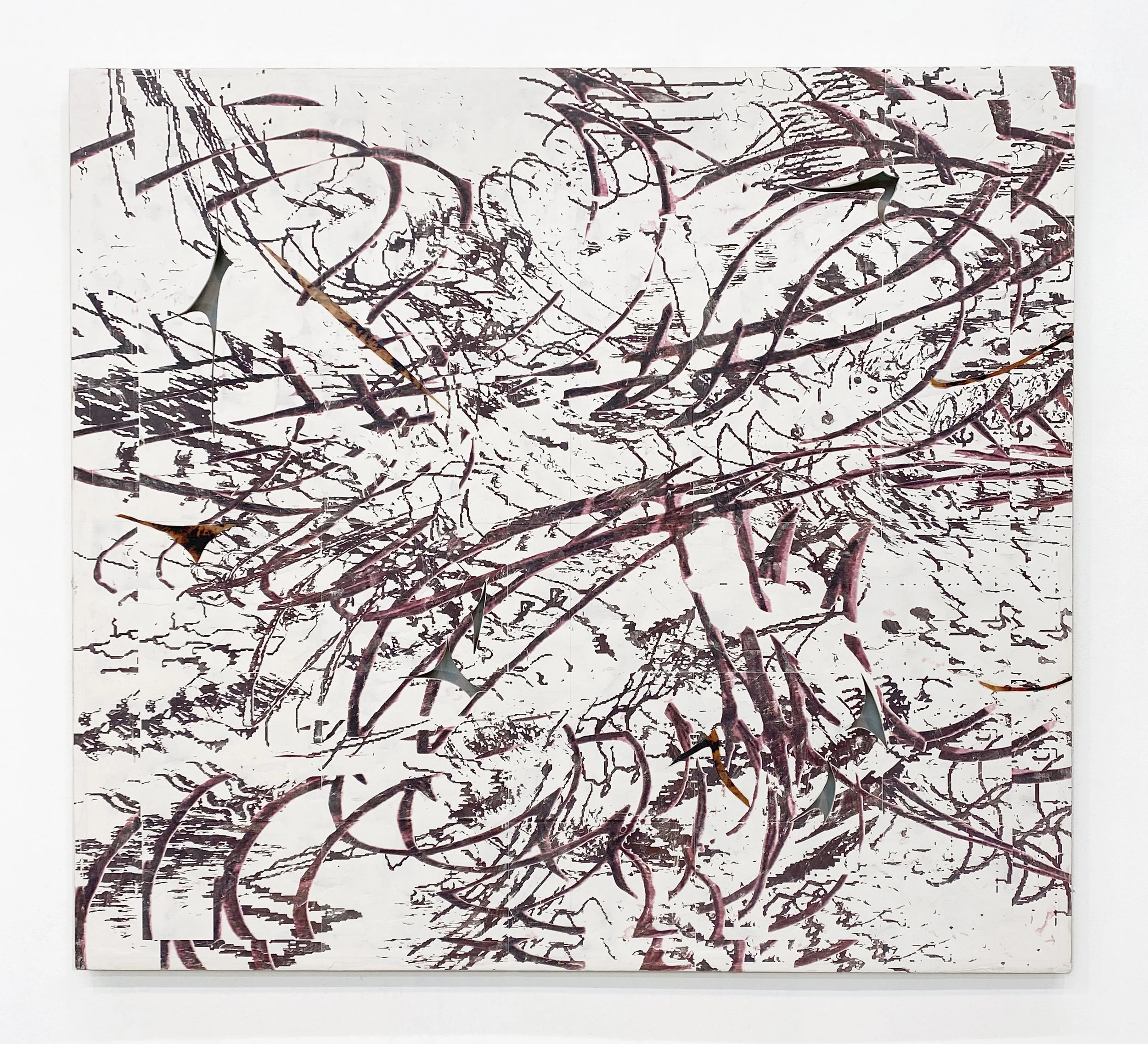 Fire poppy, 2021 Xerox transfer, bleached fabric, resin, clay, varnish, on panel. 48x53 inches