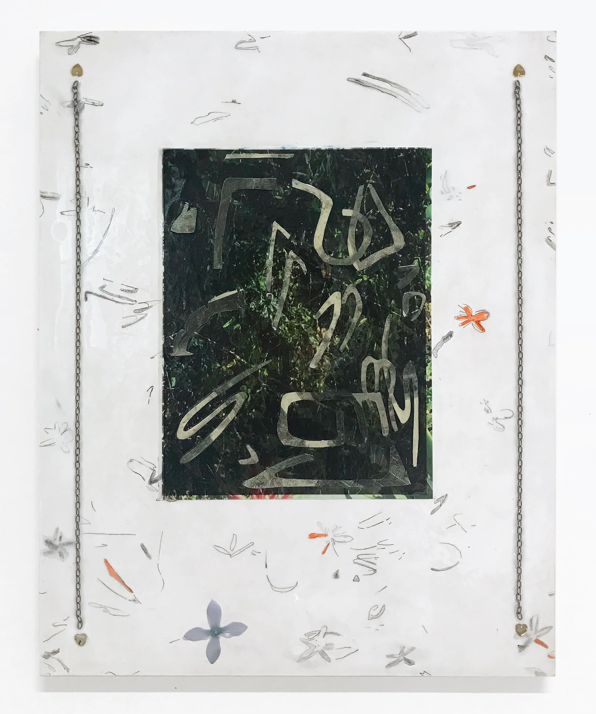 Pines, 2019 Collaged xerox prints, resin, flower, metal chain, sequins, acrylic, and graphite on panel. 20×16 inches